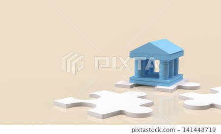 Bank Building on Jigsaw Puzzle for Financial Solutions 3d render. Bank Building on Jigsaw Puzzle for Financial Solutions 3d render. 141448719