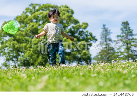 A boy runs across a grassy field under a blue sky, carrying a butterfly net. A boy runs across a grassy field under a blue sky, carrying a butterfly net. 141448766