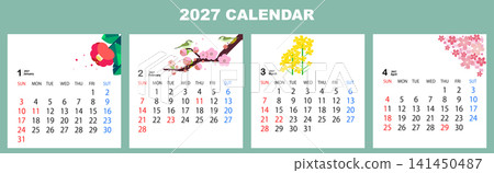 2027年曆設計套裝(1月至4月,日式風格,時令花卉,插圖,向量圖) 2027年曆設計套裝(1月至4月,日式風格,時令花卉,插圖,向量圖) 141450487