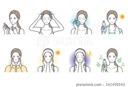 8-piece illustration set of women's body care and lifestyle habits - morning and evening skincare (nail care, ice pack, morning care, evening care, etc.) 141450543