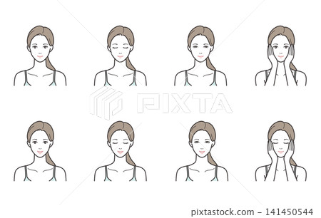 一組 8 幅插圖,描繪了女性的面部表情和變化,包括閉眼、微笑和手部按壓(用於保濕和放鬆)。 一組 8 幅插圖,描繪了女性的面部表情和變化,包括閉眼、微笑和手部按壓(用於保濕和放鬆)。 141450544