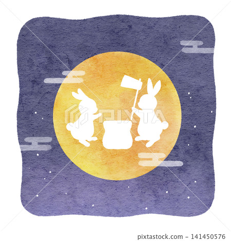 An illustration of a rabbit pounding mochi on the moon. 141450576