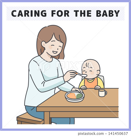 An illustration of a mother sitting at a table feeding her baby solid food. (Vector material for food education, meals, and childcare) An illustration of a mother sitting at a table feeding her baby solid food. (Vector material for food education, meals, and childcare) 141450637