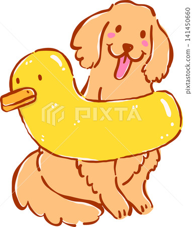 Summer Dog Golden Retriever with Duck Float Whimsical Hand Drawn Cartoon Character Summer Dog Golden Retriever with Duck Float Whimsical Hand Drawn Cartoon Character 141450660