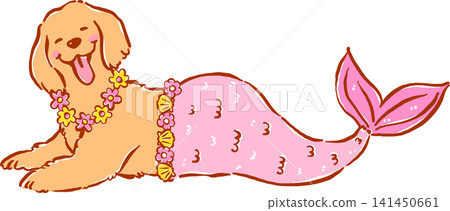 Summer Dog Golden Retriever Mermaid with Flower Lei Whimsical Hand Drawn Cartoon Character Summer Dog Golden Retriever Mermaid with Flower Lei Whimsical Hand Drawn Cartoon Character 141450661