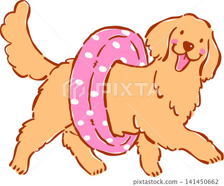 Summer Dog Golden Retriever walking with Pool Float Whimsical Hand Drawn Cartoon Character Summer Dog Golden Retriever walking with Pool Float Whimsical Hand Drawn Cartoon Character 141450662