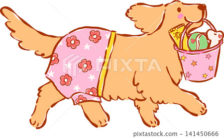 Summer Dog Golden Retriever Wearing Pajamas and Carrying a Basket Whimsical Hand Drawn Cartoon Character Summer Dog Golden Retriever Wearing Pajamas and Carrying a Basket Whimsical Hand Drawn Cartoon Character 141450666