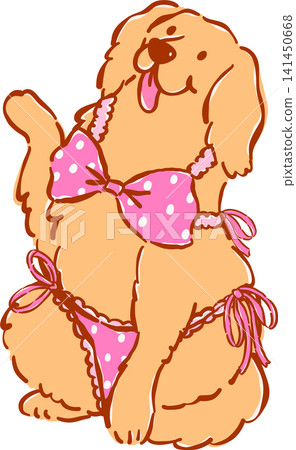 Summer Dog Golden Retriever wear Pink Bikini Whimsical Hand Drawn Cartoon Character 141450668