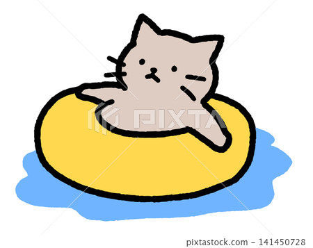 A hand-drawn illustration of a cat relaxing on a swimming ring. A hand-drawn illustration of a cat relaxing on a swimming ring. 141450728