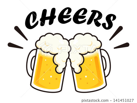 Vector illustration of people clinking frothy beer mugs together in a beer toast. Vector illustration of people clinking frothy beer mugs together in a beer toast. 141451027