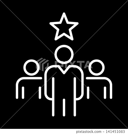 A vector icon representing team management, featuring a leader and star symbols drawn with white lines on a black background. A vector icon representing team management, featuring a leader and star symbols drawn with white lines on a black background. 141451083