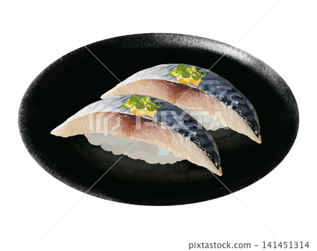 黑色盤子上的握壽司(鯖魚)。 黑色盤子上的握壽司(鯖魚)。 141451314