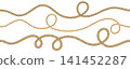 Beige rope wave pattern collection. Repeated brown squiggle curve thread lace set. Repeating hemp cord motif bundle. Wiggly braid twine plait loops. Tangled chain, wire or yarn string tie pack. Vector 141452287