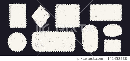 Hand drawn crayon postal stamp collection. Doodled wavy edge borders and box frames set. White playful sketched geometric shape pack for sticker, logo, collage, postcard, patch, label, icon. Vector Hand drawn crayon postal stamp collection. Doodled wavy edge borders and box frames set. White playful sketched geometric shape pack for sticker, logo, collage, postcard, patch, label, icon. Vector 141452288