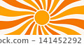 Groovy boho sun burst background. Retro radial sunshine beam backdrop. Abstract summer wavy ray wallpaper. Yellow orange circle sun patten for creative poster, vibrant banner, trendy flyer. Vector 141452292
