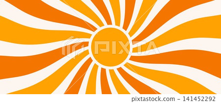 Groovy boho sun burst background. Retro radial sunshine beam backdrop. Abstract summer wavy ray wallpaper. Yellow orange circle sun patten for creative poster, vibrant banner, trendy flyer. Vector 141452292