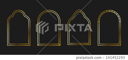 Thin gold metal arc frame set. Golden arch border collection. Art deco style shining curve cadre bundle. Vector luxury glowing shiny boarder element pack for photo, poster, card. Door or window shapes Thin gold metal arc frame set. Golden arch border collection. Art deco style shining curve cadre bundle. Vector luxury glowing shiny boarder element pack for photo, poster, card. Door or window shapes 141452293