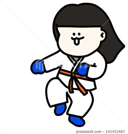 An illustration of a young woman in a martial arts uniform dodging an enemy's attack, with blue gloves and an orange belt. 141452467