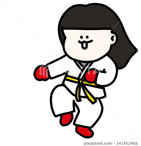 An illustration of a female student energetically participating in sports while wearing a martial arts uniform, with red gloves and a yellow belt. 141452468