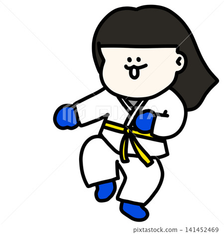 An illustration of a young woman in a karate uniform gracefully dodging karate techniques, wearing blue gloves and a yellow belt. 141452469