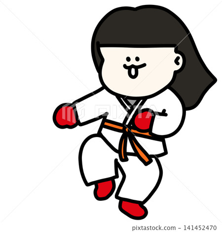 An illustration of a young woman in a martial arts uniform striking a playful pose. Red gloves, orange belt. 141452470