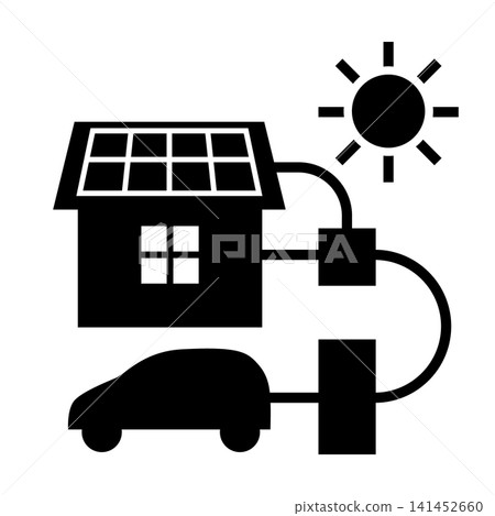 Vector illustration illustrating how an electric vehicle (EV) and a house with solar panels are connected via V2H (Vehicle-to-Home) technology. Vector illustration illustrating how an electric vehicle (EV) and a house with solar panels are connected via V2H (Vehicle-to-Home) technology. 141452660