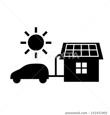Vector illustration of a system for connecting an EV to a house equipped with solar panels. 141452905