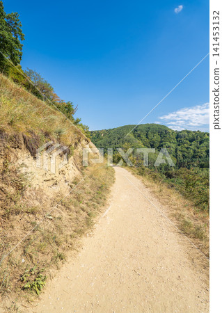 Curve road to the mountains. Scenic dirt road with mountain range. Curve road to the mountains. Scenic dirt road with mountain range. 141453132