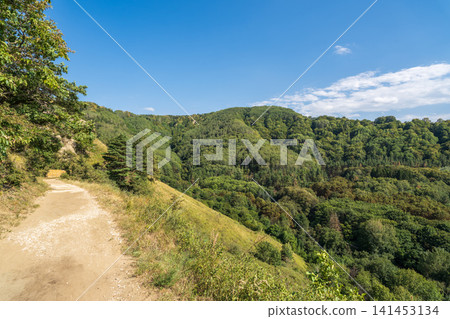 Curve road to the mountains. Scenic dirt road with mountain range. Curve road to the mountains. Scenic dirt road with mountain range. 141453134