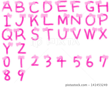 A set of pink, hand-drawn crayon-style ribbon-decorated alphabet and number letters. A set of pink, hand-drawn crayon-style ribbon-decorated alphabet and number letters. 141453249