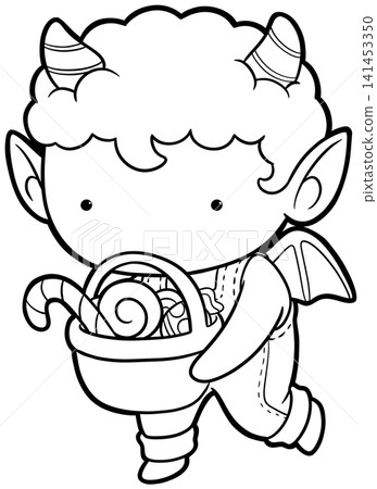 Adorable little devil boy carrying candy basket coloring page, halloween outline Adorable little devil boy carrying candy basket coloring page, halloween outline 141453350