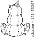 Three stacked halloween pumpkins with cute faces coloring page, autumn outline drawing 141453397
