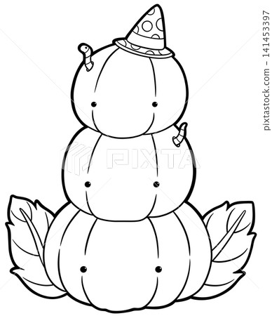 Three stacked halloween pumpkins with cute faces coloring page, autumn outline drawing Three stacked halloween pumpkins with cute faces coloring page, autumn outline drawing 141453397