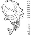 Cute zombie mermaid coloring page for kids, halloween outline illustration 141453399