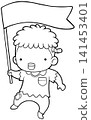 Cute zombie boy waving blank flag coloring page, halloween outline vector style 141453401