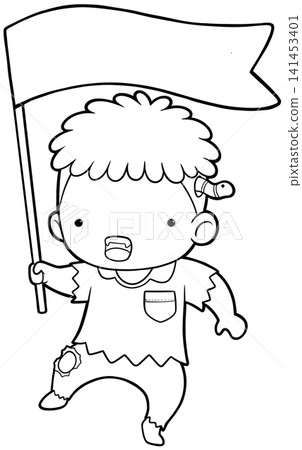 Cute zombie boy waving blank flag coloring page, halloween outline vector style Cute zombie boy waving blank flag coloring page, halloween outline vector style 141453401