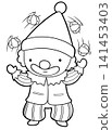 Funny halloween clown juggling small pumpkins coloring page, cute outline cartoon 141453403