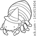 Spooky furry spider wearing pointed witch hat coloring book page, halloween outline 141453404