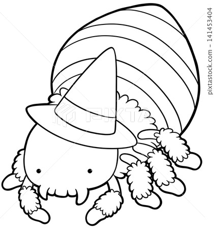 Spooky furry spider wearing pointed witch hat coloring book page, halloween outline Spooky furry spider wearing pointed witch hat coloring book page, halloween outline 141453404