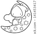 Cute little grim reaper sitting on crescent moon coloring page, halloween outline 141453417