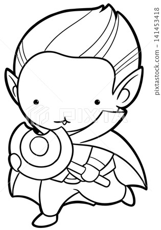Cute little vampire boy running with large lollipop coloring page, halloween outline 141453418