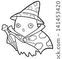 Cute ghost wizard holding magic staff coloring page, spooky halloween line art design 141453420