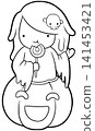Cute ghost girl on pumpkin eating lollipop coloring page, halloween line art 141453421