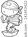 Cute ghost pirate holding dagger in paper boat coloring page, halloween outline 141453422