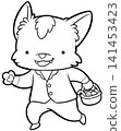 Cute little werewolf boy holding trick or treat candy basket coloring book page 141453423
