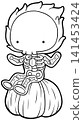 Cute little skeleton sitting on pumpkin coloring page, halloween outline illustration 141453424