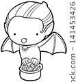 Cute vampire boy flying with candy basket coloring page, halloween outline art 141453426