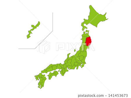 日本地圖插圖(綠色),其中岩手縣以紅色突出顯示。 日本地圖插圖(綠色),其中岩手縣以紅色突出顯示。 141453673
