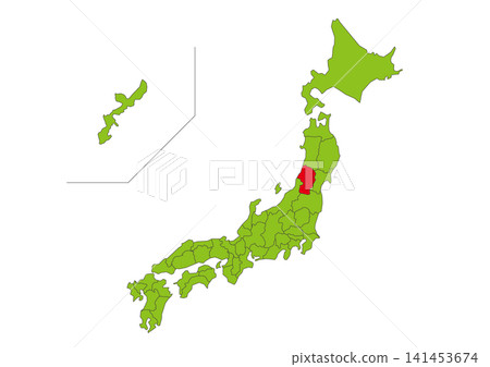 Green map illustration of Japan with Yamagata Prefecture highlighted in red. Green map illustration of Japan with Yamagata Prefecture highlighted in red. 141453674