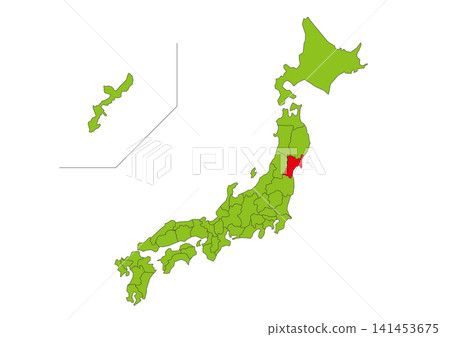 Green map illustration of Japan with Miyagi Prefecture highlighted in red. Green map illustration of Japan with Miyagi Prefecture highlighted in red. 141453675